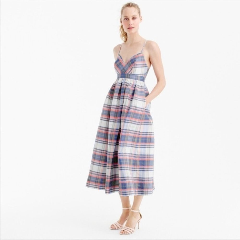 NWT J. Crew Shantung Silk Blue Plaid Print Midi Dress Sz 6